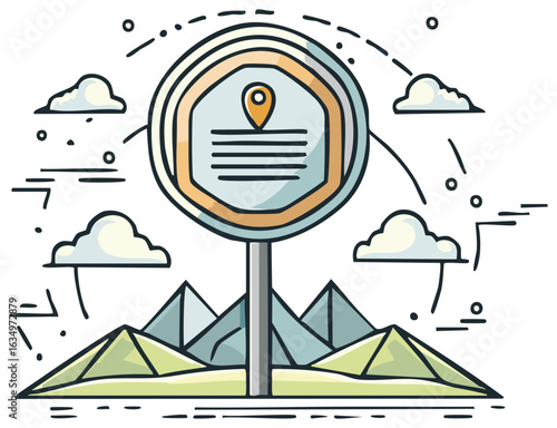 Information sign with location marker in a stylized mountain landscape for travel and tourism