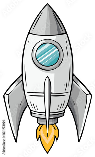 Cartoon rocket ship launching with vibrant orange flames a symbol of future exploration and progress