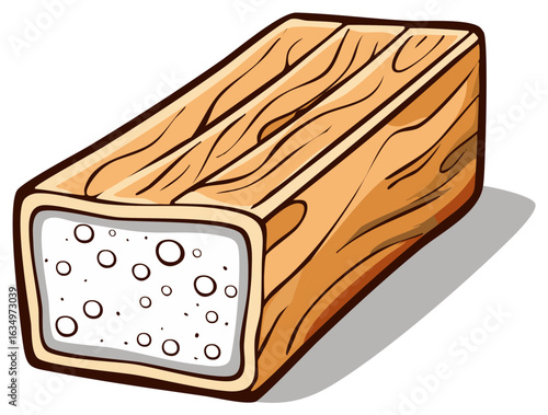 Cartoon illustration of a rectangular wooden mold with a white porous substance inside filled with air bubbles