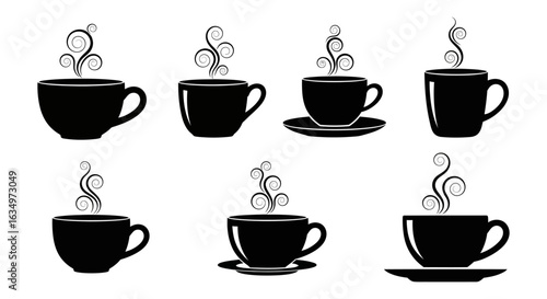 Coffee Cups with Steam, Minimalist Style, Graphic Illustration, Cozy Environment, Artistic Viewpoint, Comfort Concept