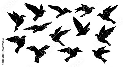 A geometric flock of low-poly origami birds in flight, a modern vector set of black dove silhouettes symbolizing peace