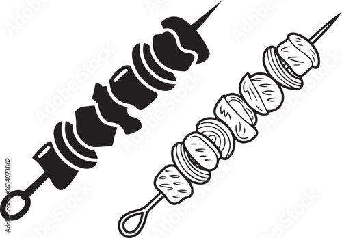Set of black and white vector icons for kabab skewers