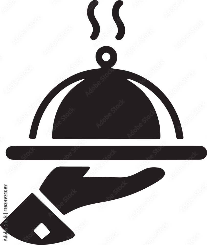 Obraz premium Elegant Food Service Silhouette with Hand Holding Cloche on Transparent Background Vector