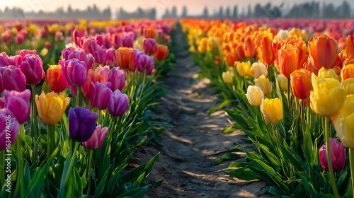 Rows of colorful tulips bloom in field at sunrise. Represents spring, freshness. Suitable for marketing, backgrounds, web design.