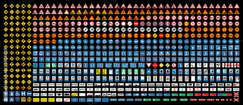 Set of road signs of Europe and USA. Isolated symbols on black background. Vector illustration
