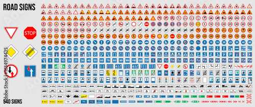 Set of road signs of Europe. Isolated symbols on white background. Vector illustration