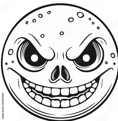 Spooky menacing monster face illustration with grinning skull eyes and creepy smile