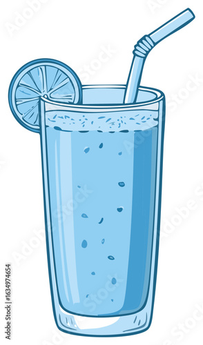 Refreshing Blue Lemonade in a Tall Glass with a Straw and Lemon Slice Cartoon Style Graphic Illustration