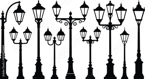 Vintage street lamp silhouettes, classic urban lighting designs, black and white illustration, decorative outdoor fixtures, architectural elements, cityscape details, ornamental lamp posts
