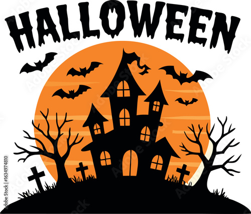 Spooky Halloween haunted house silhouette with bats and a full moon on a hill with graves and bare trees