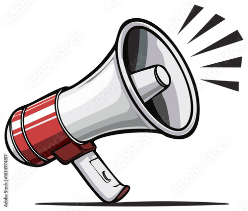Vibrant red and white megaphone illustration projecting loud sound waves for announcement