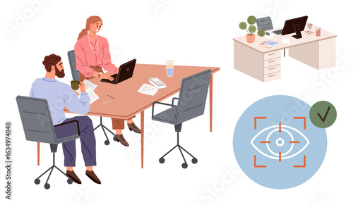 Colleagues collaborating at desk with laptops, analytics, organized workspace, and visual focus icon. Ideal for teamwork, planning, office culture, productivity, technology accuracy communication