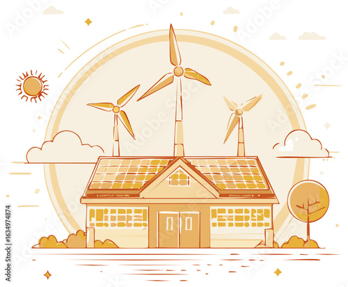 Sustainable home illustration with solar panels, wind turbines, eco-friendly living design, renewable energy sources, clean power generation, house.