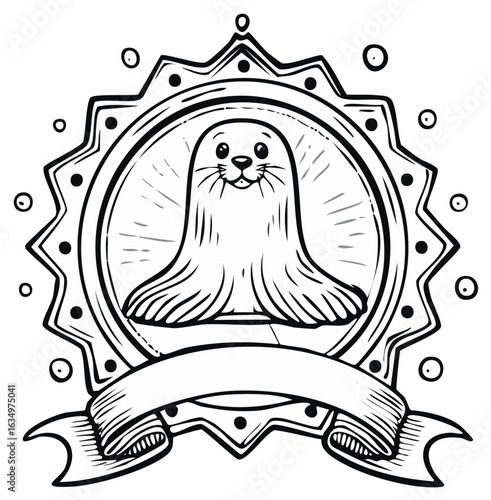 Adorable hand drawn seal pup inside a vintage style logo emblem with a blank ribbon for text