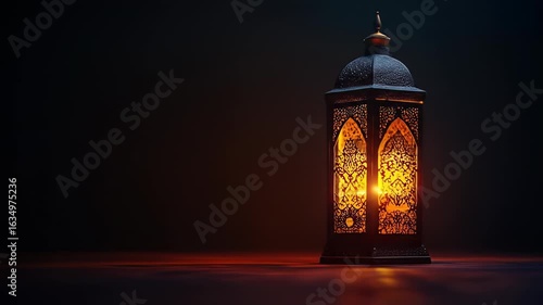 Ornate lantern glows warmly on a dark surface, casting a soft light