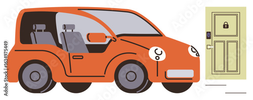 Orange smart car near locked door with electronic lock. Ideal for technology, security, automation, innovation, self-driving cars, keyless systems, simple flat metaphor