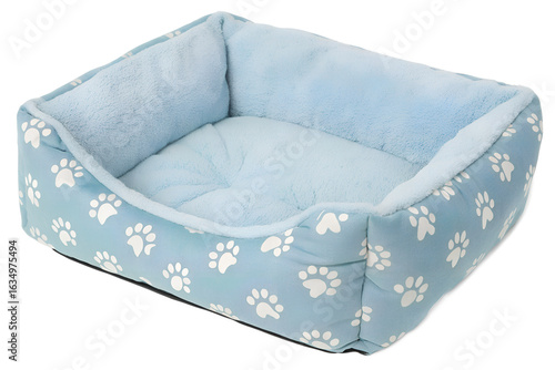 Blue plush pet bed with white paw prints, cozy dog or cat cushion isolated on transparent background