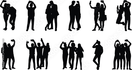 Selfie silhouettes, people taking selfies, smartphone poses, couple and group selfie, modern lifestyle, vector icons, social media concept