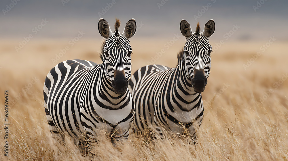 Fototapeta premium Two zebras standing in dry golden grass wildlife animals