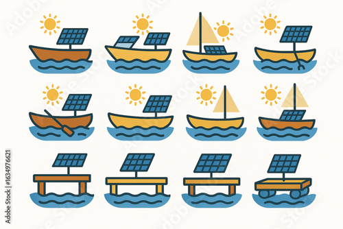 Solar Panels on Boats, Canoes, and Docks Flat Icons for Marine Energy