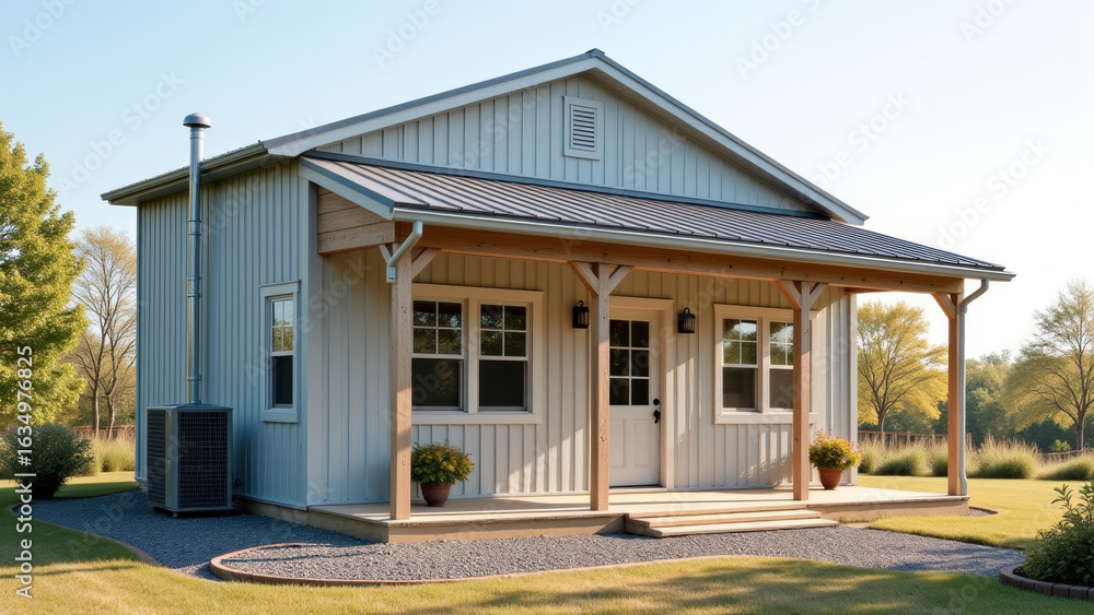 Fototapeta premium Modern small farmhouse with covered porch on rural property