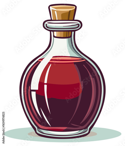 Cartoon Style Potion Bottle with Cork Stopper, Red Liquid Medicine, Antique Elixir, Alchemical Recipe, Isolated