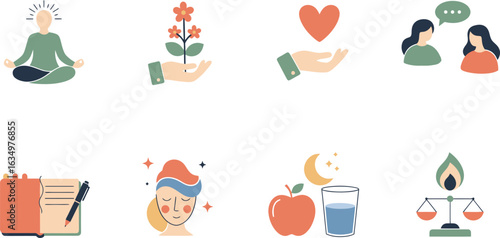 A set of 8-10 high-quality vector icons in an organic flat design style, focusing on wellness and mental health concepts. The icons should use soft, rounded shapes, gentle curves, and a calming color 