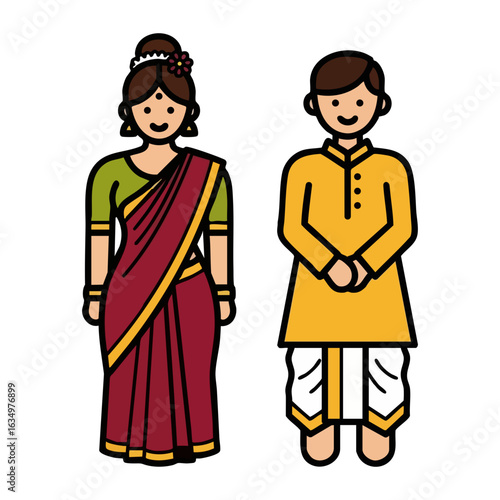 Maharashtrian Nauvari Saree Dhoti Kurta Couple Vector - Traditional Cultural Logo Design