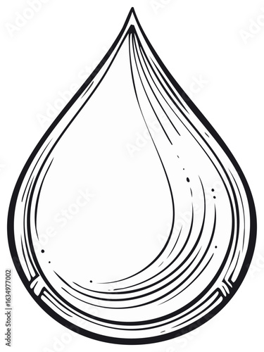 A clean black and white line art illustration of a single water droplet or tear with stylized highlights.
