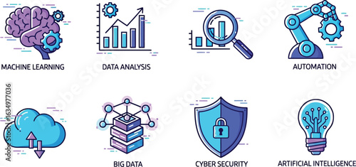 A set of 8-10 high-quality vector icons in a neo-futurism flat design style, representing modern technology and AI concepts. The icons should have clean, geometric shapes, bold outlines, and a vibrant