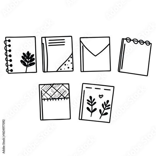 Vector art of collection of notebooks and envelopes isolated on white background featuring various designs and botanical elements