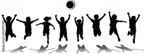 Children jumping silhouettes, playful kids in motion, joyful pose, black vector design, fun activity, childhood energy, sun, shadow, celebration
