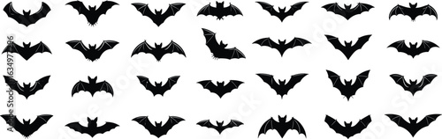 Bat silhouette collection, flying shapes, Halloween vector design, spooky animal icons, black wings, nocturnal creatures, graphic art, decoration elements