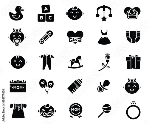 Baby Icon Set: Cute, Black Glyph Style, Happy Motherhood Theme Vector.