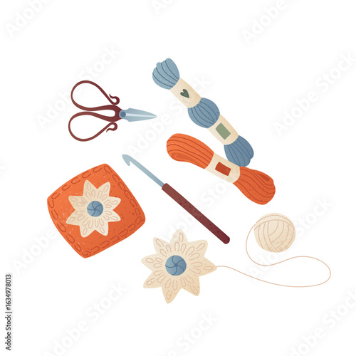 Cozy hand-drawn composition with yarn skeins, crochet hook and granny square Flat vector textured illustration for autumn craft projects, DIY decorations, lovers of slow life and warm handmade things