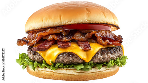 A hamburger with bacon, cheese, and tomato on top. The burger is served on a white background