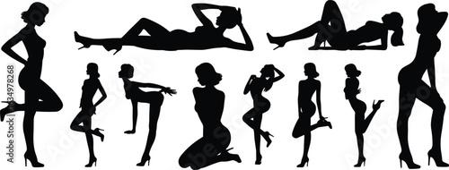 Female silhouette poses, high heel fashion, black vector women, stylish stance, elegant figure, minimal design, model icons, graphic art