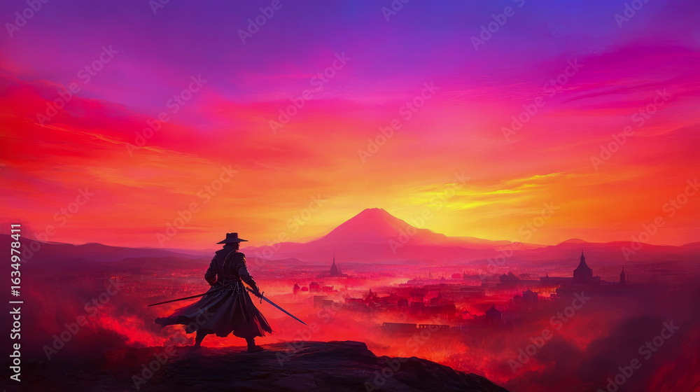 Fototapeta premium Samurai Warrior Stands on Ridge, Silhouetted Against Explosive Sunset Sky Overlooking Hazy City and Distant Mountain