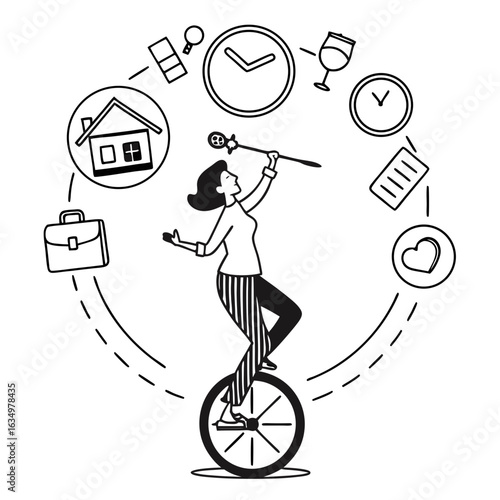  Symbolic vector illustration of woman juggling work-life balance while riding unicycle, representing multitasking, time, and modern lifestyle stress