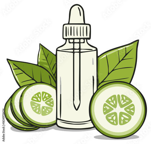 Cucumber Essential Oil with Leaf and Slices for Skincare Products Design Element