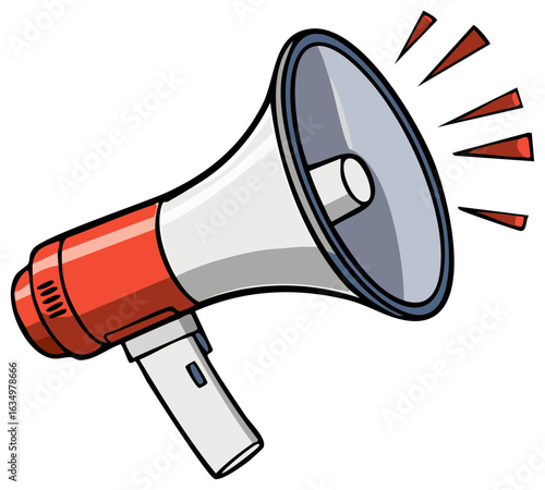 Red and White Megaphone Illustration Emitting Sound Waves, Perfect for Announcements and Promotion, Communication Device