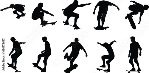 Skateboarder silhouette set, extreme sports vector, trick poses collection, urban skateboarding action, dynamic stunt illustration, athletic street style