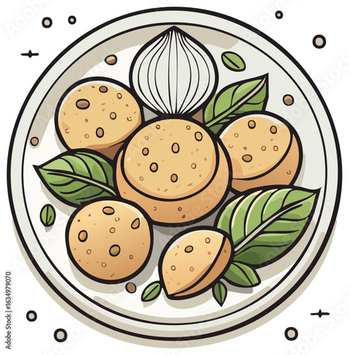 Top view cartoon illustration of a savory dish with meatballs or falafel fresh basil and onion on a plate