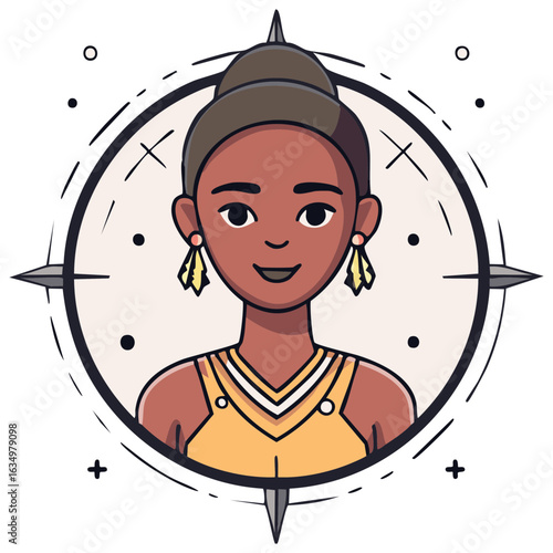 Smiling woman with elaborate earrings and distinctive hairstyle inside a compass rose graphic