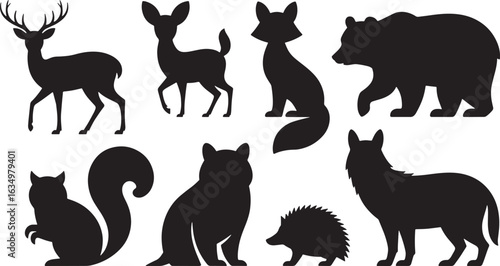 Wild Animals Silhouette Set Deer Fox Bear Squirrel Cat Hedgehog Wolf on Transparent Background