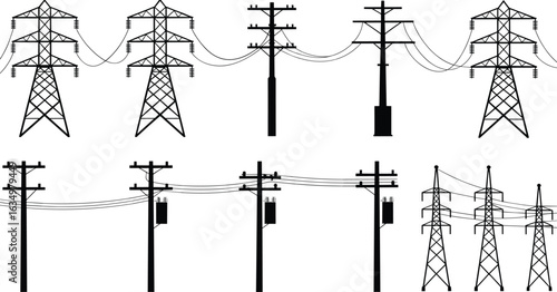 Electrical transmission tower set, utility pole silhouettes, high voltage lines, energy infrastructure illustration, industrial power grid, black and white design