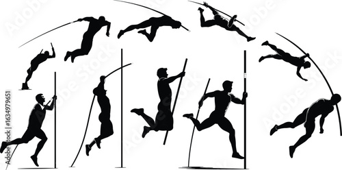 Pole vault silhouette sequence, athletic jump stages, sports motion illustration, track and field vector, dynamic action poses, black artwork