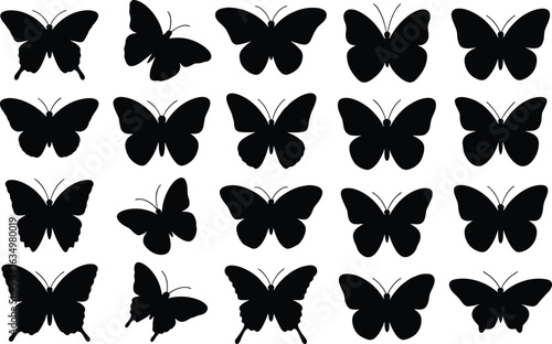 Butterfly silhouette set, black vector icons, insect shapes collection, symmetrical wing designs, nature graphic illustration, entomology clipart pack