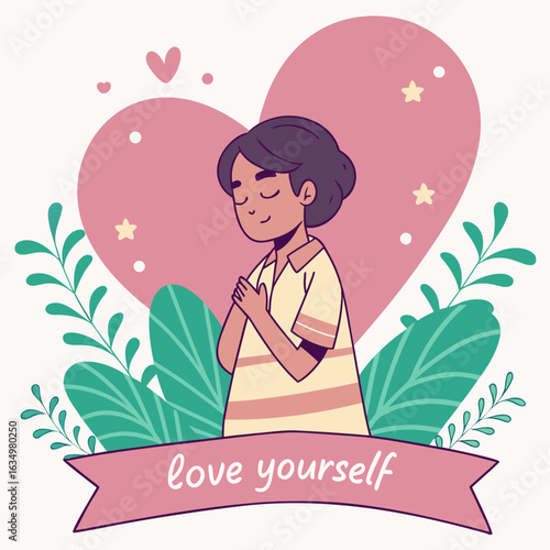 Love Yourself Self-Care Illustration with Person Holding Heart Surrounded by Green Leaves Mental Health and Wellbeing Concept Art