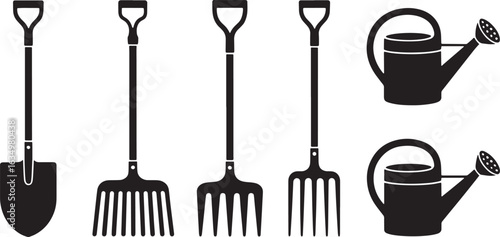 Gardening Tools Silhouette Collection Shovel Rake Pitchfork Watering Can Black and White Vector Design